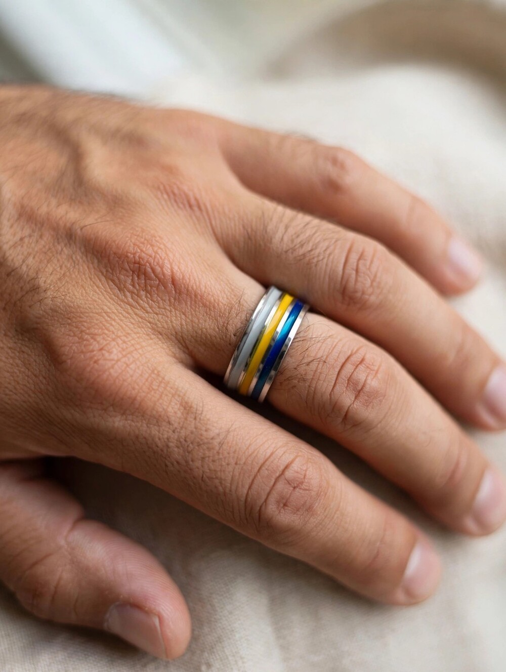 Source Unknown Stainless Steel Ring with Blue and Yellow Bands